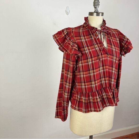 Blank NYC Ruffle Plaid Print Keyhole Shirt - Picture 3 of 8